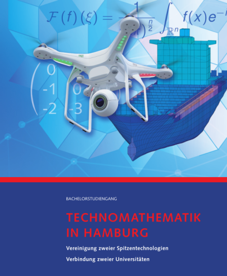 1. Logos: Universität Hamburg, Technische Universität Hamburg 2. Bild: Thema 'Technomathematik in Hamburg' 3. Text: Bachelorstudiengang Technomathematik in Hamburg, Vereinigung zweier Spitzentechnologien, Verbindung zweier Universitäten